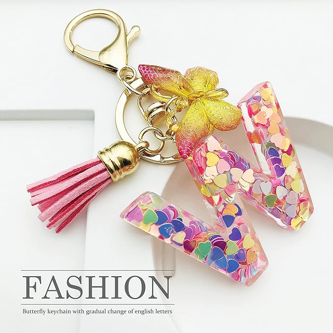 JINGUAZI Initial letter Keychains for Women Tassel Butterfly Pink Purple Cute Car Keychain for Wallet Backpack bag charm