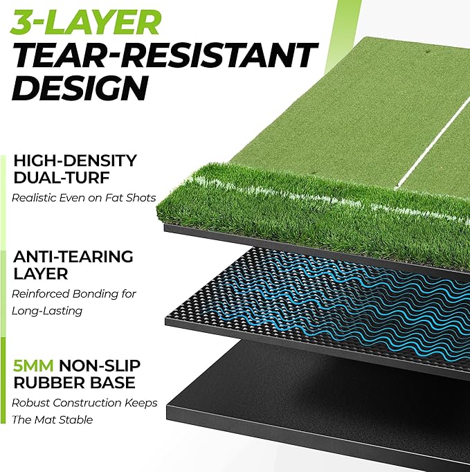 Golfguru Golf Mat 5x4ft-16mm/21mm/26mm Thickened Dual Turf Golf Hitting Mat with Alignment Aid, Dense Elite Mats Practice Outdoor Indoor, Chipping Training Matt for Backyard Garage Driving Simulators