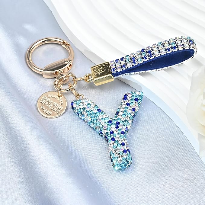 Pink Blue White Initial Letter Keychain Gift for Women Girls Bling Sparkly Cute Backpack Car Key Accessories Lanyard