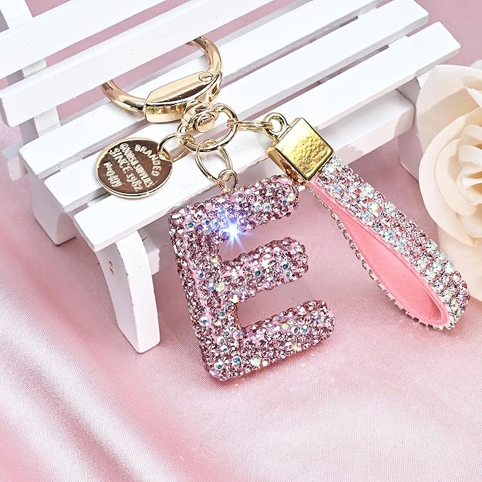 Pink Blue White Initial Letter Keychain Gift for Women Girls Bling Sparkly Cute Backpack Car Key Accessories Lanyard
