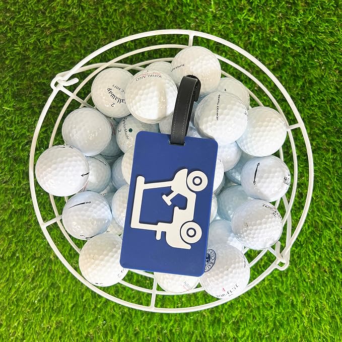 Golf Bag Tag – Golf Cart Blue Design, Flexible & Waterproof Silicone Luggage Tag, Secure Strap for Bag Identification, Great Golf Gift for Players & Enthusiasts