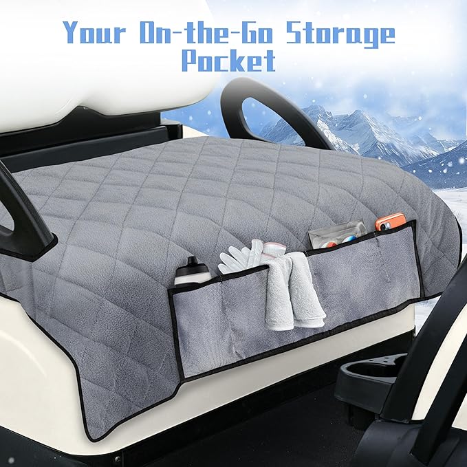 YOKYHOM Golf Cart Seat Covers with 4 Front Pockets, Thick and Non-Slip Golf Cart Seat Towel Blanket, Fits for EZGO, Yamaha, Club Car and More 2 Seats Golf Carts, Gray