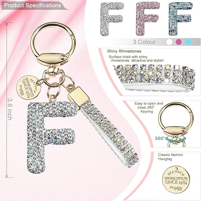 Pink Blue White Initial Letter Keychain Gift for Women Girls Bling Sparkly Cute Backpack Car Key Accessories Lanyard