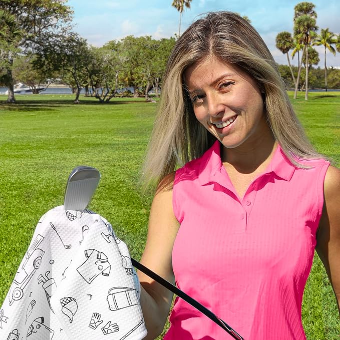 Microfiber Golf Towels for Golf Bags & Carts - Premium Weave Waffle & Ball Towels with Carabiner Clip, Essential Accessories for Men, Women and Kids, Golfer Gifts, Set of 2 (Golf Doodles)
