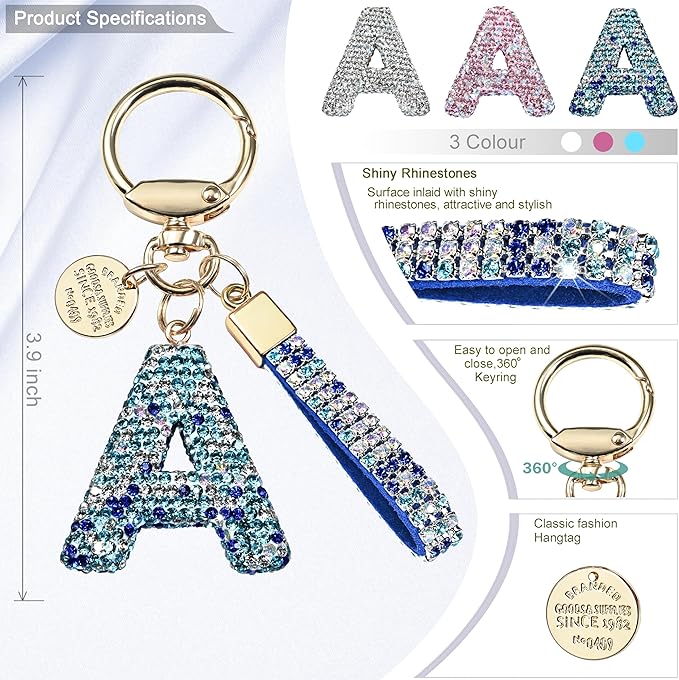 Pink Blue White Initial Letter Keychain Gift for Women Girls Bling Sparkly Cute Backpack Car Key Accessories Lanyard