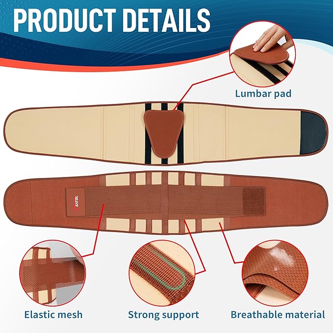 FEATOL Back Brace for Lower Back Pain, Breathable Back Support Belt for Women & Men with Lumbar Pad, Lumbar Support Belt for Heavy Lifting & Work, Scoliosis, Brown, 5XL (Circumference:68-74.8")