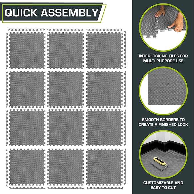ProsourceFit Puzzle Exercise Mat ½ in, EVA Interlocking Foam Floor Tiles for Home Gym, Mat for Home Workout Equipment, Floor Padding for Kids, Grey, 24 in x 24 in x ½ in, 48 Sq Ft - 12 Tiles