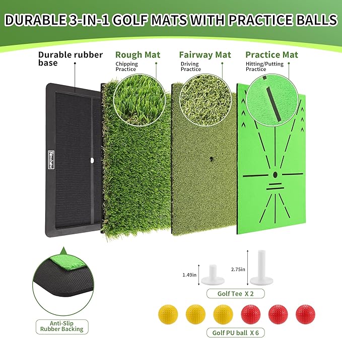 Golf Hitting Mat – Portable Golf Pratice Mat with Longer Swing Path Trajectory, 3-in-1 Includes Fairway, Rough & Putting Pad Training Mats on No-Slip Rubber Base,Simulator Must Haves, Gift for Golfers