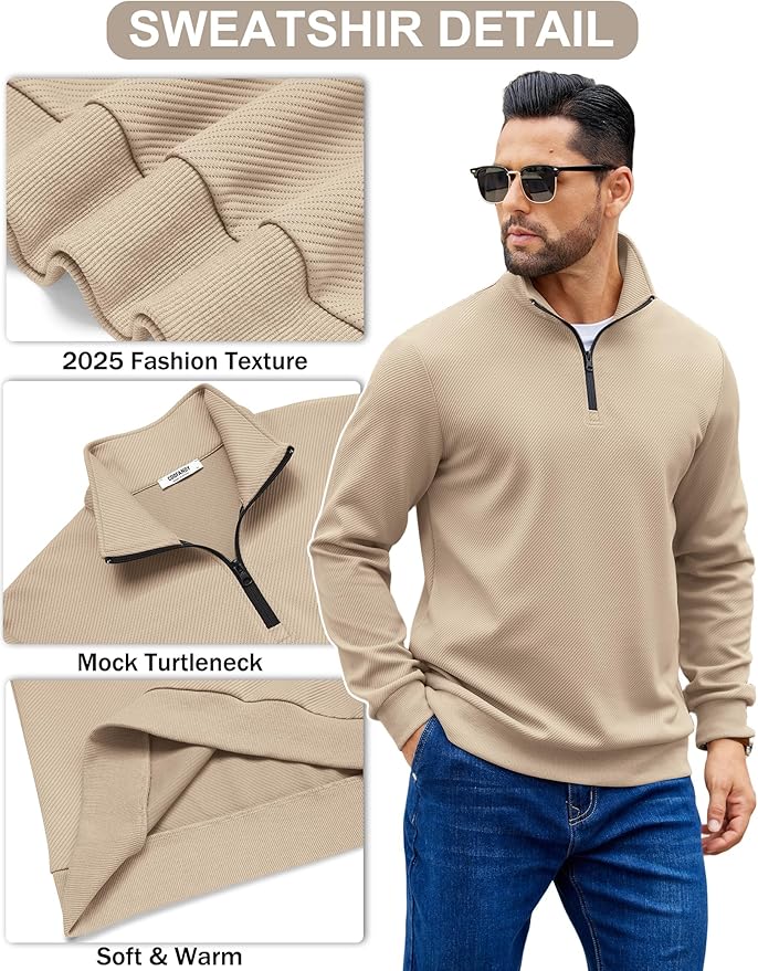 COOFANDY Mens Quarter Zip Pullover Sweatshirts Lightweight Long Sleeve Mock Neck Sweater Polo