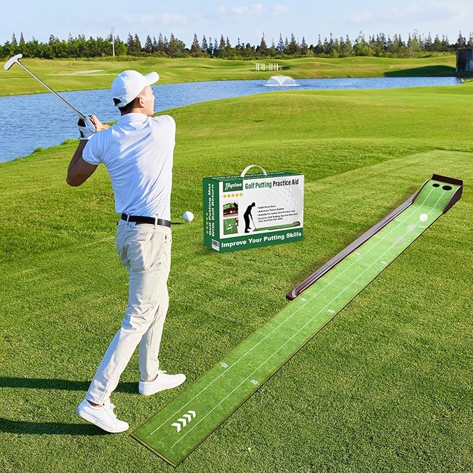 Golf Putting Mat with Ball Return, Practice Golf Putting Green Training Aid for Indoor, Outdoor at Home, Office, Backyard with Putter and 5 Balls 9.84 ft