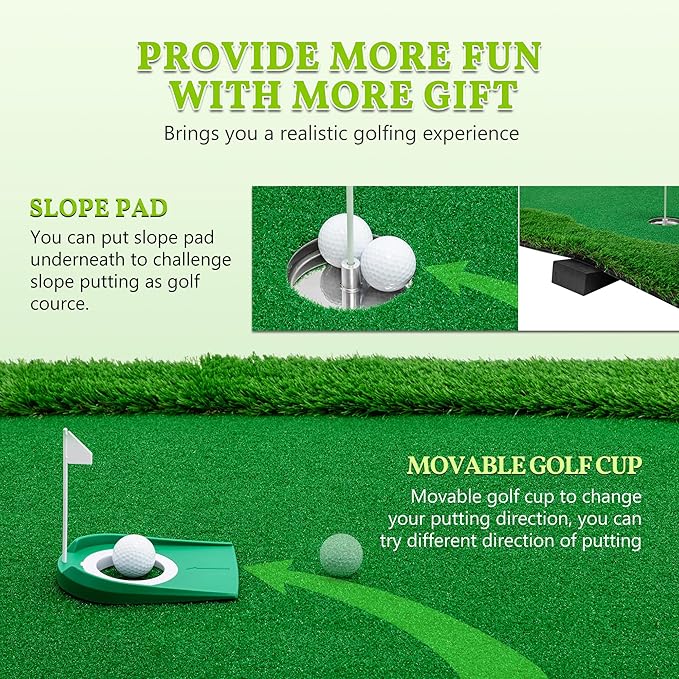 Golf Putting Green Mat Professional Practice Mat with Putter,Movable Golf Cup, Slope Pad Professional Practice Mat for Outdoor/Indoor Training