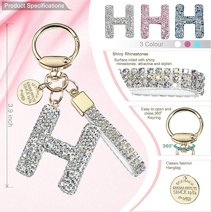 Pink Blue White Initial Letter Keychain Gift for Women Girls Bling Sparkly Cute Backpack Car Key Accessories Lanyard