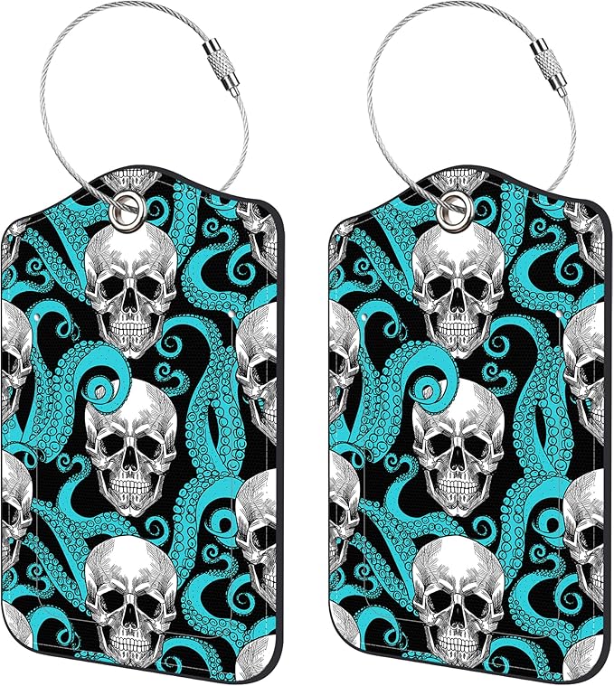 2 Pack Luggage Tags for Suitcase,Octopus Tentacles and Skull PU Leather Luggage Tags with Privacy Cover Name Address Labels and Steel Ring,Creative Travel Accessories for Men and Women