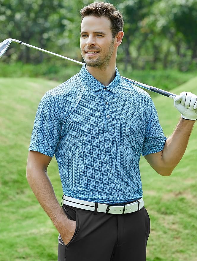 Esabel.C Golf Shirts for Men Dry Fit Performance Short Sleeve Print Moisture Wicking Collared Shirt