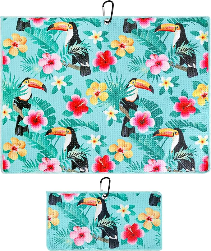 Microfiber Golf Towels for Golf Bags & Carts - Premium Weave Waffle & Ball Towels with Carabiner Clip, Essential Accessories for Men, Women, and Kids, Golfer Gifts, Set of 2 (Toucan)