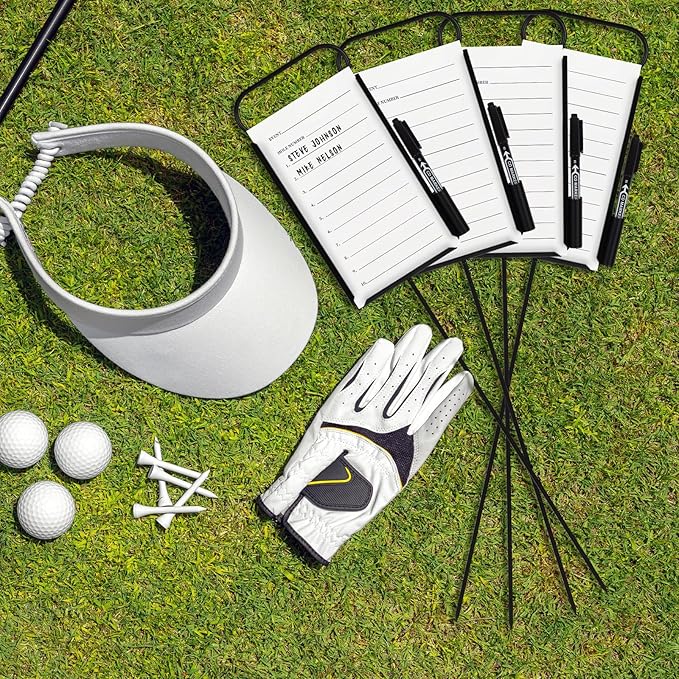 4 Pcs Closest to The Pin Marker - Golf Metal Proximity Marker with 50 Sheets Cards and 4 Pens, Stainless Steel Golf Marker Golf Signs for Long Drive Putting Competition