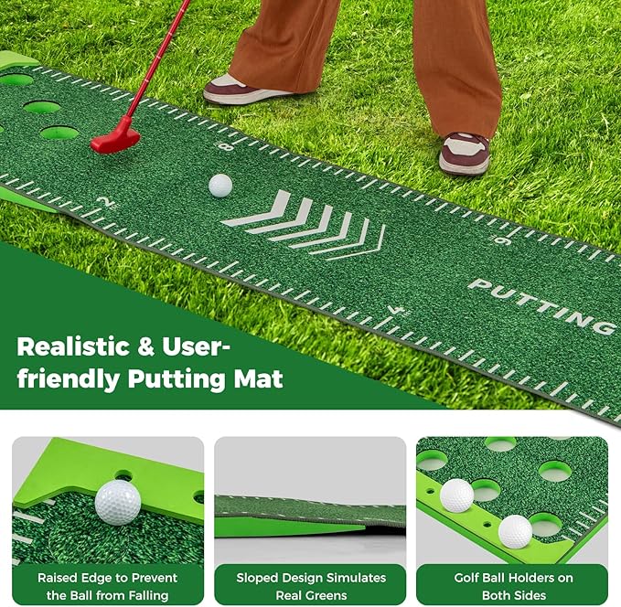 Goplus Putting Green Mat, Portable Golf Game Set with 2 Adjustable Putters, 6 Balls, Carrying Bag, Golf Putting Mat for Party, Practice, Home, Backyard