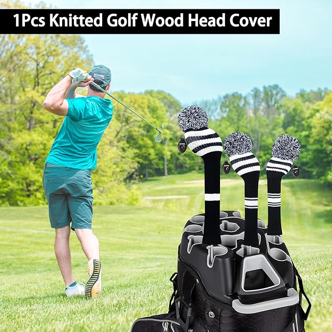 LeFeng 1Pcs Golf Club Cover, Knitted Golf Head Cover for 460cc Driver Fairway Woods and Hybrid with Cute Pom Pom and Number Tag