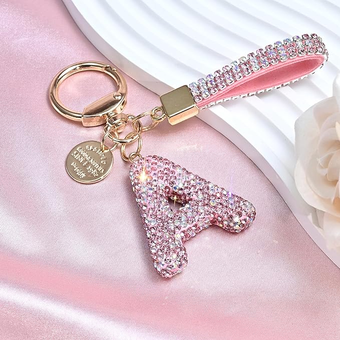 Pink Blue White Initial Letter Keychain Gift for Women Girls Bling Sparkly Cute Backpack Car Key Accessories Lanyard
