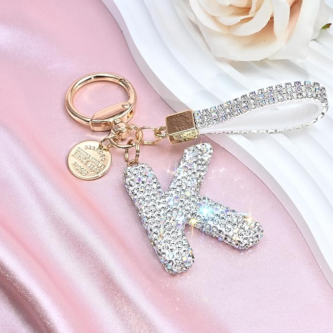 Pink Blue White Initial Letter Keychain Gift for Women Girls Bling Sparkly Cute Backpack Car Key Accessories Lanyard