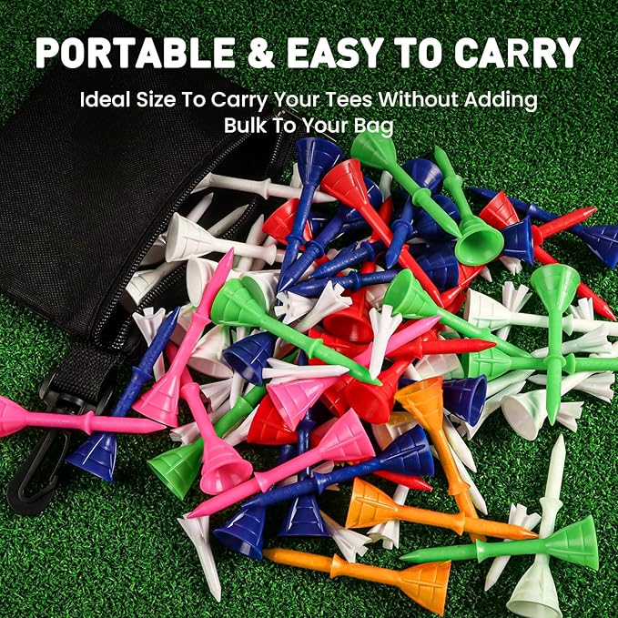FINGER TEN Golf Tees Plastic Unbreakable 30 Tees 3 1/4 Inch and 20 More Short Tees 1 1/2 Inch with Black Golf Tee Bag, Easy to Find Value Gift Set