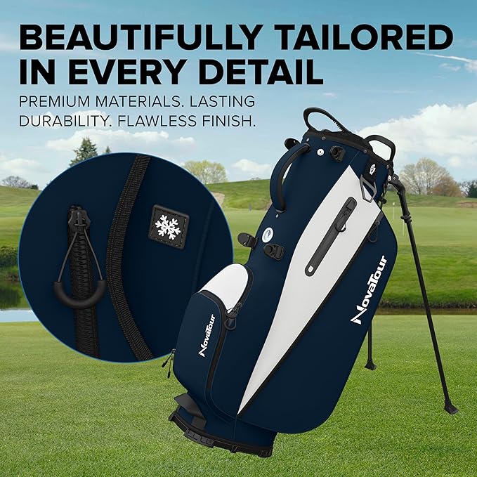 Golf Stand Bag - Lightweight Golf Bag with Stand and 7 Way Dividers, Dual Strap, Waterproof Pocket, Insulated Sleeve, Easy-Lift Handles and Swing-Cam Holder