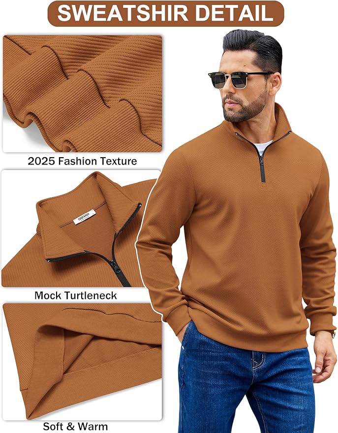 COOFANDY Mens Quarter Zip Pullover Sweatshirts Lightweight Long Sleeve Mock Neck Sweater Polo