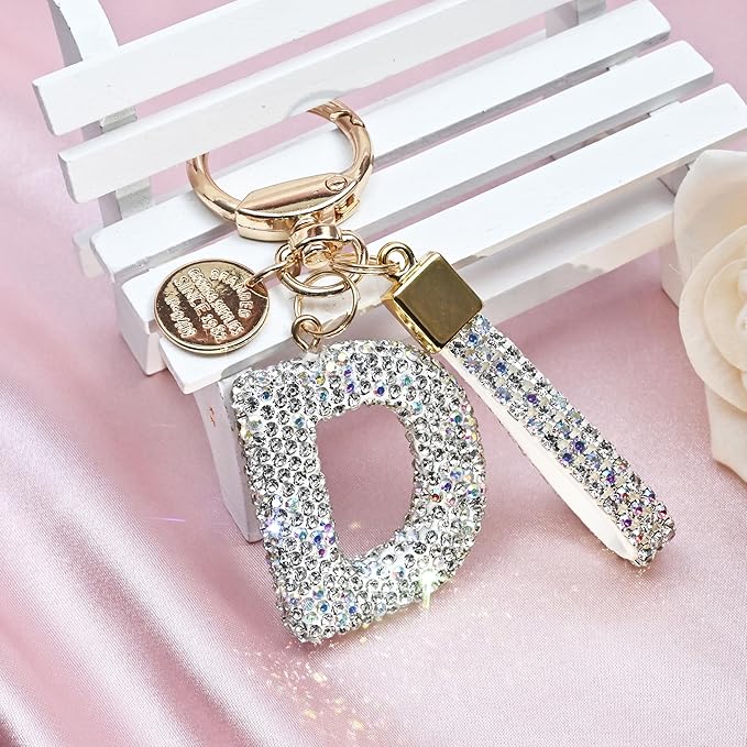 Pink Blue White Initial Letter Keychain Gift for Women Girls Bling Sparkly Cute Backpack Car Key Accessories Lanyard