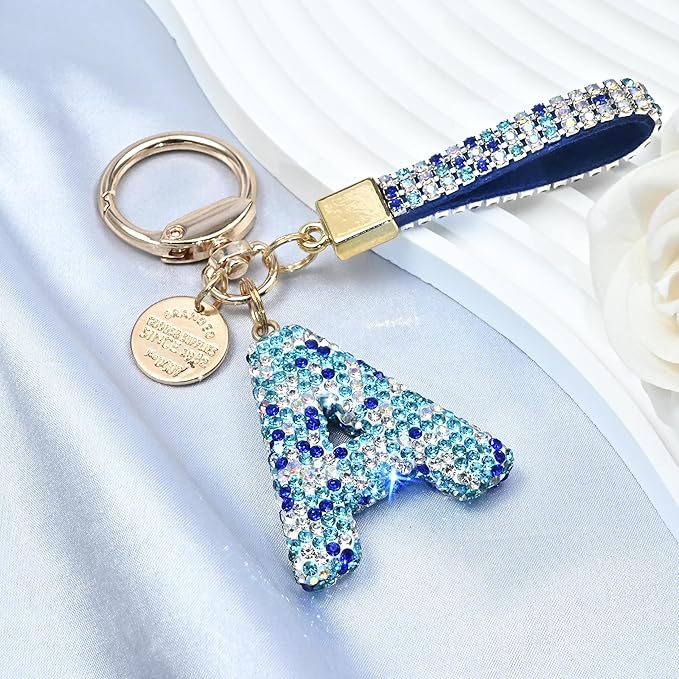 Pink Blue White Initial Letter Keychain Gift for Women Girls Bling Sparkly Cute Backpack Car Key Accessories Lanyard