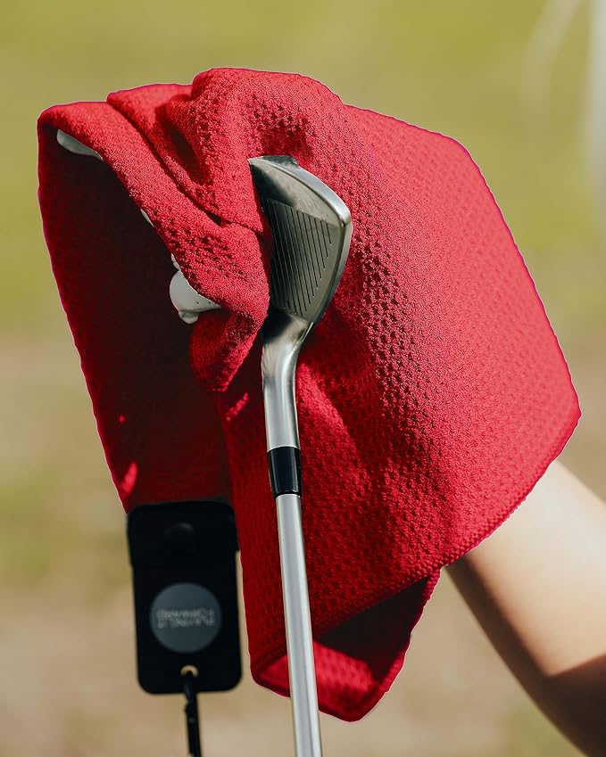 Magnetic Golf Towels for Golf Bags with Clip & Ultra Strong Magnet - Waffle Weave Microfiber Towel for Secure Hold on Bags & Carts - Ideal Club Cleaner & Accessories - Red