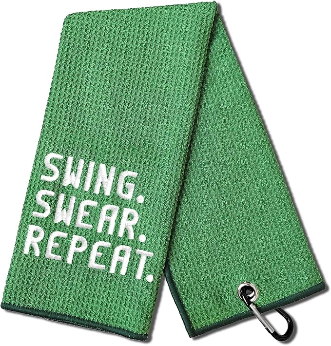 DYJYBMY Swing Swear Repeat Funny Golf Towel, Embroidered Green Golf Towels for Golf Bags with Clip, Golf Gift for Men Husband Boyfriend Dad, Birthday Gifts for Golf Fan, Funny Golf Lover Gift