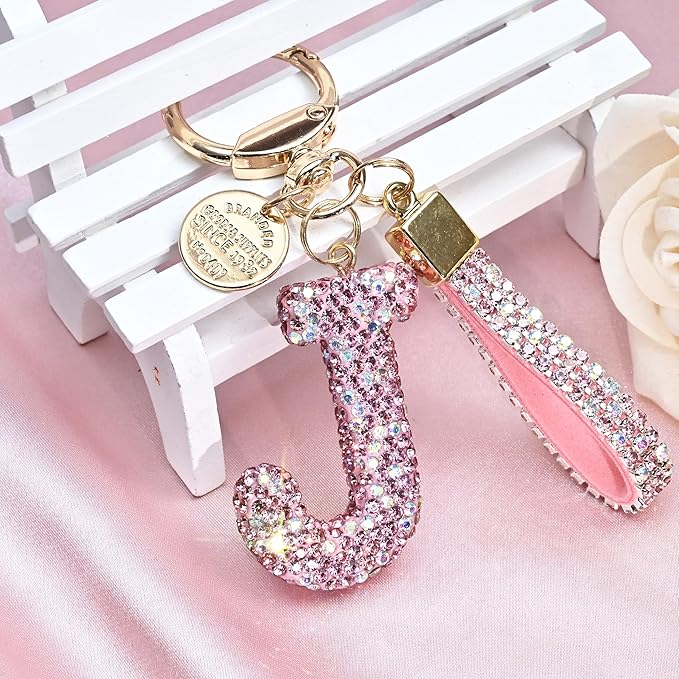 Pink Blue White Initial Letter Keychain Gift for Women Girls Bling Sparkly Cute Backpack Car Key Accessories Lanyard