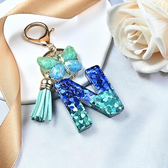 JINGUAZI Initial letter Keychains for Women Tassel Butterfly Pink Purple Cute Car Keychain for Wallet Backpack bag charm