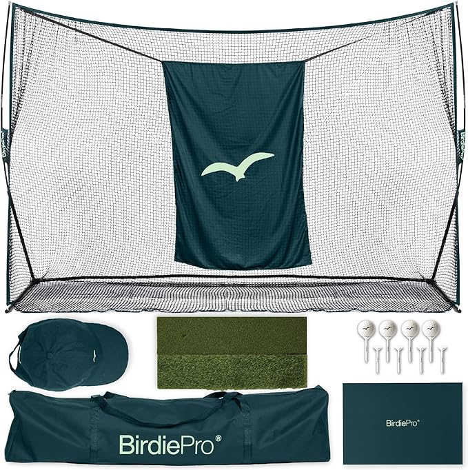 BirdiePro® - American Pro Golf Practice Net, 10x7ft Heavy Duty Golf Hitting Net with EchoShield™ Target & FlexWeave™ Net, Indoor Outdoor Training Backyard, Full Set with Mat, Balls & Cap