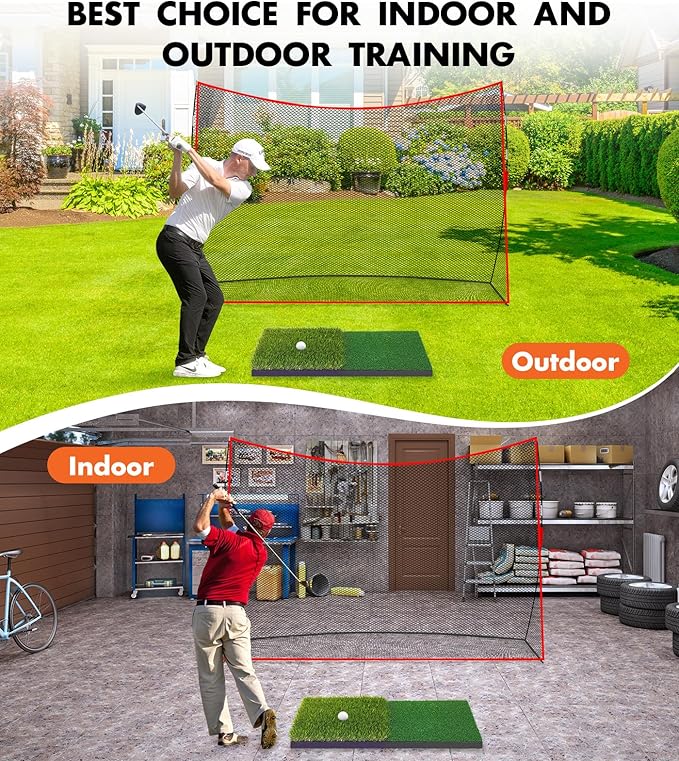 Golf Net: 10x7ft Heavy Duty Golf Practice Net for Indoor/Outdoor Training, Portable Golf Hitting Net with Carry Bag, Ideal Golf Training Aid for Golfers Backyard Driving Chipping Swing (Standard)