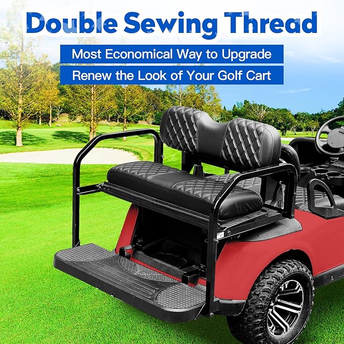 NOKINS Golf Cart Front&Rear Seat Covers Kit, Front Seat Covers Fits Club Car Precedent/Tempo/Onward Premium Seat Cushion, Rear Seat Covers Fits Aftermarket Standard Cushion (Black&Black Stitch)