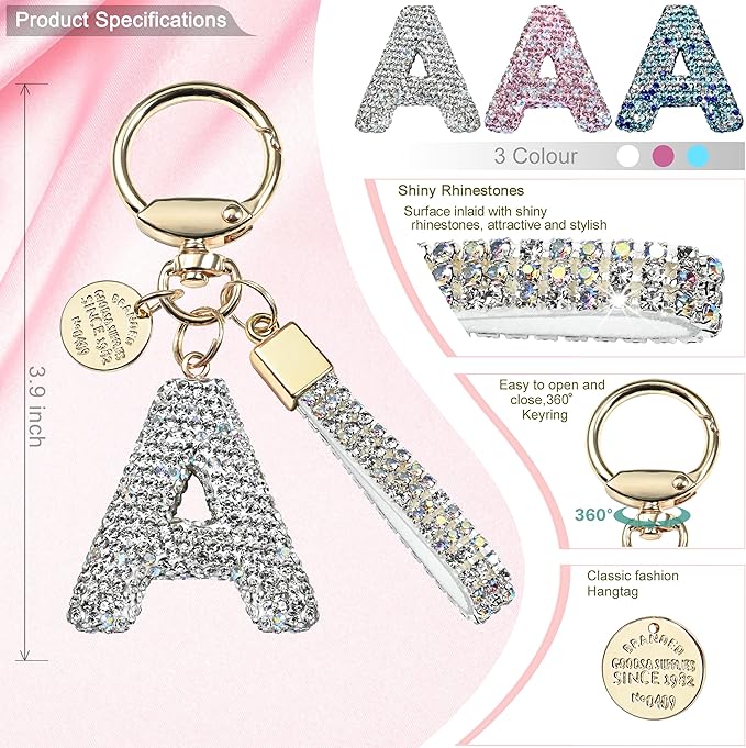Pink Blue White Initial Letter Keychain Gift for Women Girls Bling Sparkly Cute Backpack Car Key Accessories Lanyard