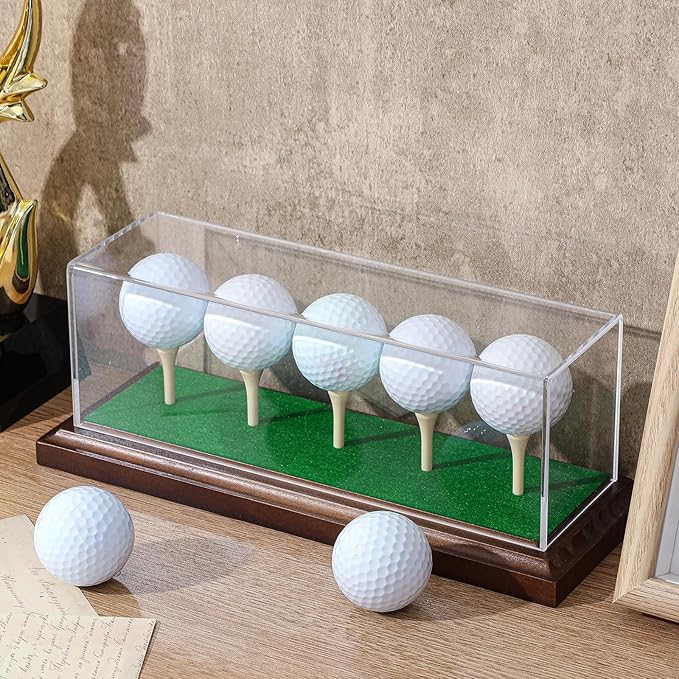 Golf Ball Display Case for 5 Balls Clear Acrylic Lid with Wooden Base and Tees, Memorabilia Stand Holder, Dustproof Transparent Storage Box for Golf Ball Collections Gifts Decor