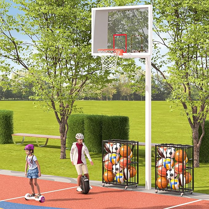 Ball Sports Organizer Storage Cart, Garage Metal Rolling Bin with Thicker Elastic Rope, Ball Holder Rack with Wheels for Volleyball, Basketball, Football, Toys, Gym, Outdoor & Indoor Equipment Storage