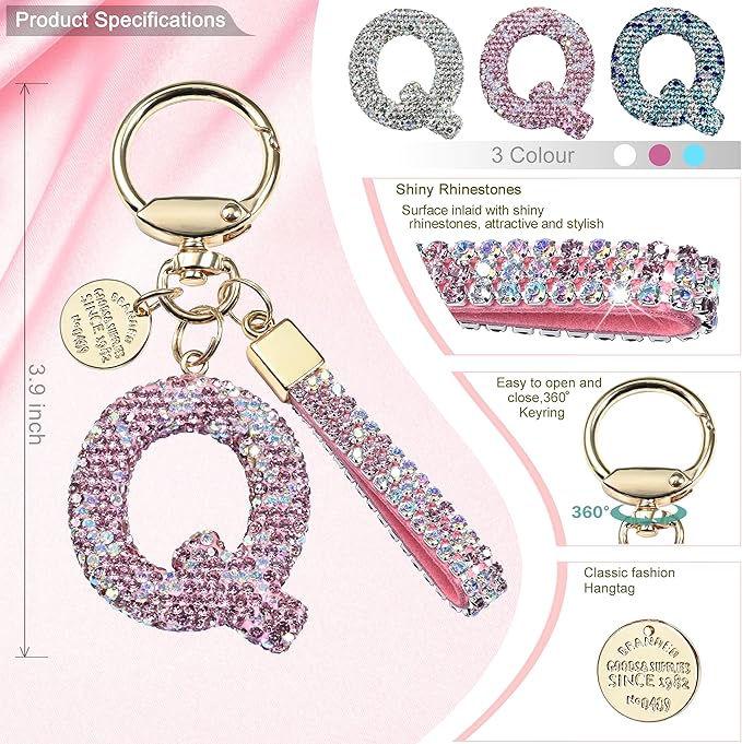 Pink Blue White Initial Letter Keychain Gift for Women Girls Bling Sparkly Cute Backpack Car Key Accessories Lanyard