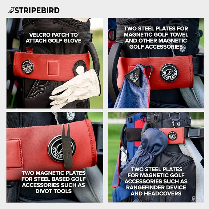 Stripebird - Premium Golf Cart Strap Sleeve Protector - Save Your Golf Bag from Golf Cart Straps - Includes Magnetic and Steel Plate for Magnetic Golf Accessories