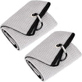 Mile High Life 2 Pack Gray Microfiber Tri-Fold Golf Towels with Carabiner Clip, 16x21in, Water Absorbent, Easy to Wash and Carry
