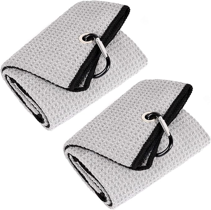 Mile High Life 2 Pack Gray Microfiber Tri-Fold Golf Towels with Carabiner Clip, 16x21in, Water Absorbent, Easy to Wash and Carry