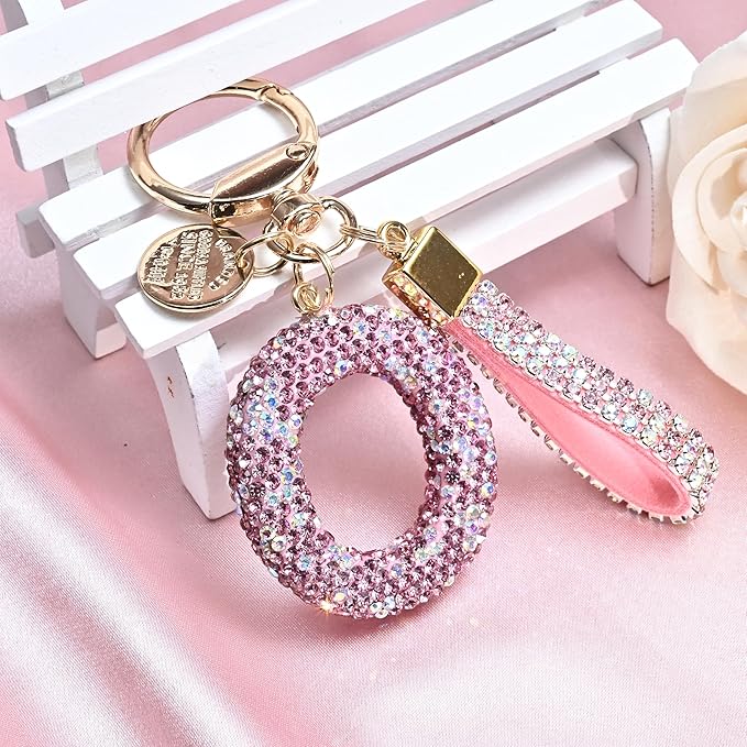 Pink Blue White Initial Letter Keychain Gift for Women Girls Bling Sparkly Cute Backpack Car Key Accessories Lanyard
