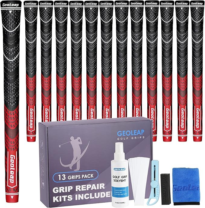 Geoleap Golf Grips Set of 13- Grips with Tapes and with All Repair Kits for Choice,Hybrid Golf Club Grips,Standard/Midsize,All Weather Contral, High Feedback & Traction.