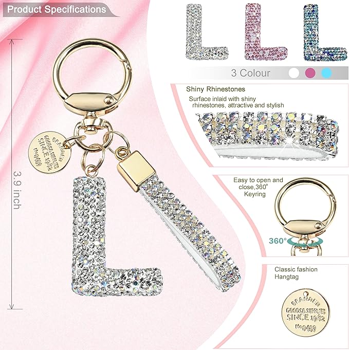 Pink Blue White Initial Letter Keychain Gift for Women Girls Bling Sparkly Cute Backpack Car Key Accessories Lanyard