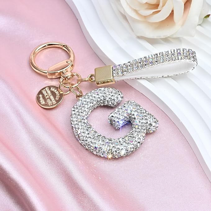 Pink Blue White Initial Letter Keychain Gift for Women Girls Bling Sparkly Cute Backpack Car Key Accessories Lanyard