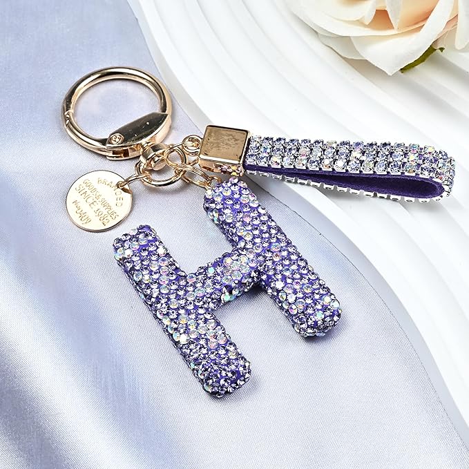 Pink Blue White Initial Letter Keychain Gift for Women Girls Bling Sparkly Cute Backpack Car Key Accessories Lanyard