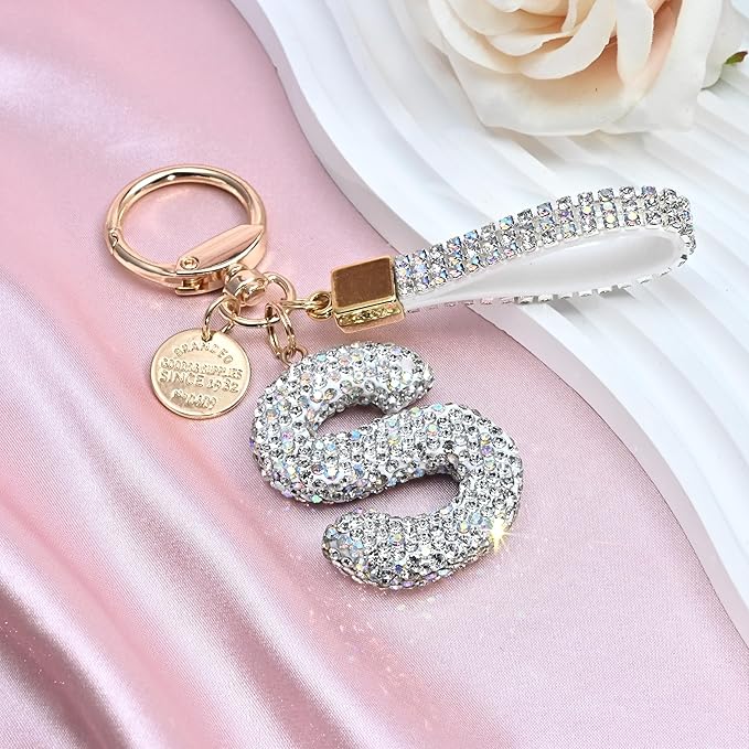 Pink Blue White Initial Letter Keychain Gift for Women Girls Bling Sparkly Cute Backpack Car Key Accessories Lanyard