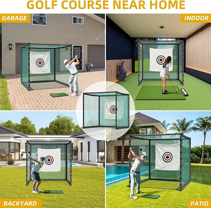 Golf Cage with Steel Freame, 7x7x7ft Golf Net with Rubber Hose, Noise Reduction for Backyard Indoor Outdoor Lawn Practice(Includes 1 Hitting Mat 6 PU Balls 1 Tee)